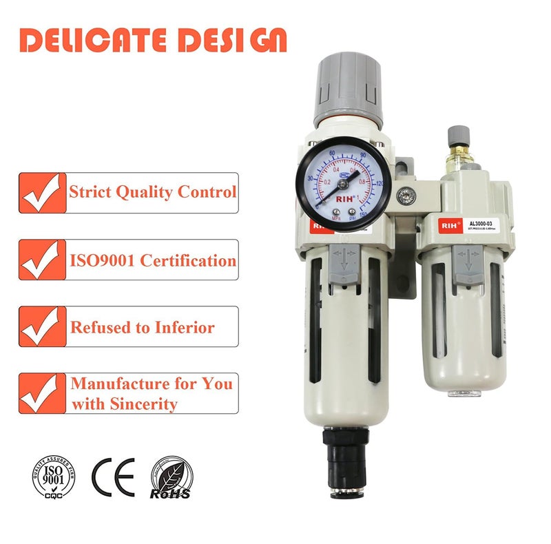 RIH Store Pneumatics Compressed Air Filter Regulator Lubricator Combo Water/Oil Trap Separator - Gauge(0-150 psi), Semi-Auto Drain, Poly Bowl,Bracket - 3 in 1 Two Unit (3/8“ NPT Auto Drain) - Image 4